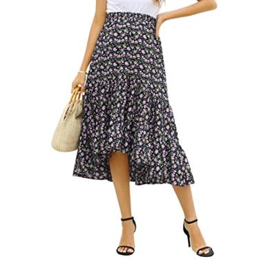 Imagem de FUNJULY Saia maxi plissada com estampa floral de cintura alta para gestantes, casual, rodada, rodada, saia longa, Preto, vermelho, GG