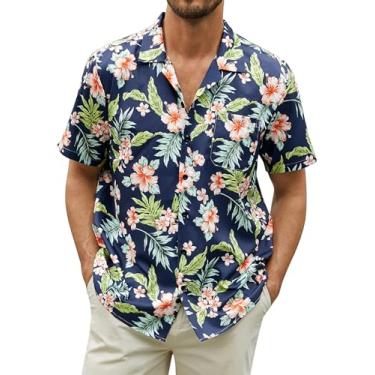 Imagem de Hardaddy Camisa masculina havaiana folha de palmeira tropical floral camisa manga curta abotoada verão praia acampamento gola, Azul-arroxeado floral, G