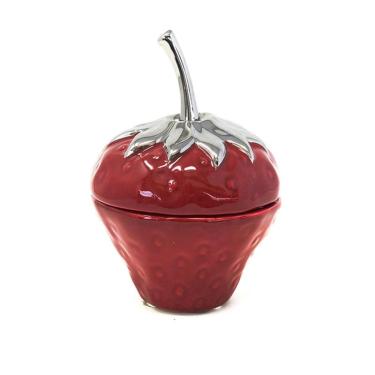 Imagem de Potiche Pote Decorativo com Tampa Design Morango Vermelho Recipiente Objeto de Decoração Baleiro Porta Doces Balas 15cm