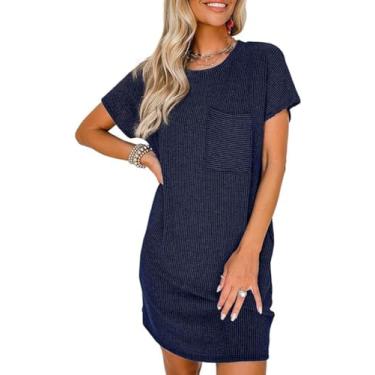 Imagem de Apvirdy Vestidos para mulheres 2024 casual manga curta gola redonda verão mini camiseta de malha canelada vestido curto com bolsos, P-2GG, Azul marinho, G