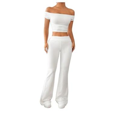 Imagem de MakeMeChic Conjunto feminino de 2 peças de blusa cropped franzida com ombro de fora e calça longa rodada, Branco, X-Small