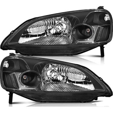 Imagem de LBRST Conjunto de farol para Honda Civic 2001-2003 alojamento preto refletor transparente lente transparente motorista e farol do lado do passageiro