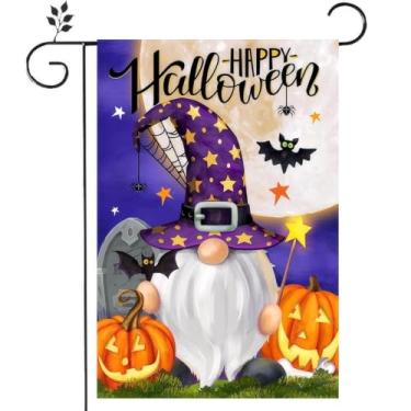 Imagem de RTKHFZE Happy Halloween Gnomo Bandeira de jardim 30,5 x 45,7 cm dupla face, bandeira de serapilheira de jardim assustadora abóbora preta morcego decorações de Halloween para decoração de quintal de