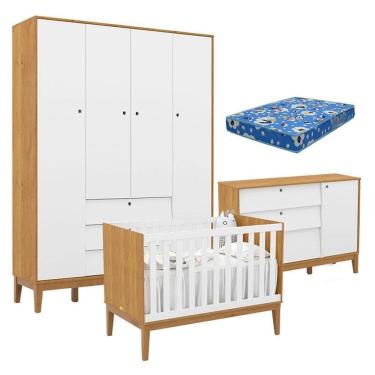 Imagem de Quarto de Bebe Unique 4 Portas com Cômoda Sapateira Freijó Branco Soft Eco Wood e Colchão Ortobom - Matic