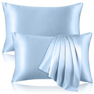 Imagem de Pacote com 2 fronhas 100% seda pura para cabelo e pele, ambos os lados fronhas de seda amoreira com zíper oculto, fronha refrescante 19 Momme, fronhas de seda 600 fios, tamanho Queen, azul claro