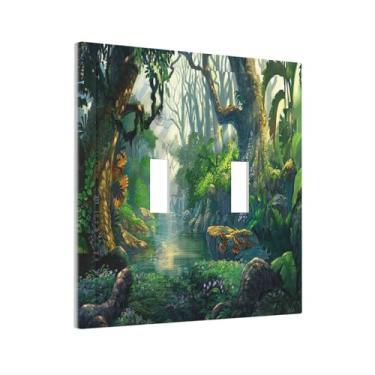 Imagem de Placa de interruptor de luz com interruptor duplo verde floresta floresta selva lago rio decorativo 2 gangues placa de parede placa de parede placa elétrica folhas exuberantes planta mágica conto de