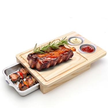 Imagem de Tábua De Carne Churrasco Madeira Com Gaveta Bandeja Térmica em Inox Inteligente - 2 Potes em Inox Gourmet