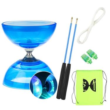 Imagem de SagaSave Flashing Triple Bearing Diabolo, Soft Rubber Yoyo Set, with 1 x Diabolo, 1 x Spare 10m Rope, 2 x Professional Poles, 1 x Net Bag, for Beginners & Experienced Players (Blue)