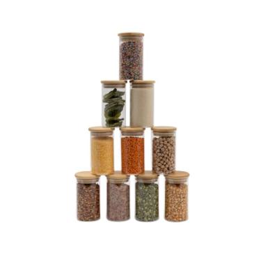 Imagem de kit 10 potes de vidro 300ml com tampa de bambu herméticos redondos - Oikos