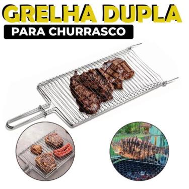 Imagem de Grelha Dupla Folha Grande Churrasco Peixe Frango Linguiça Aço Inox - V