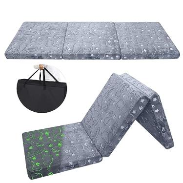 Imagem de MeMoreCool Colchão dobrável de dinossauro brilhante para crianças, tapete de cochilo com três dobras para crianças, futon portátil para dormir ou cama de chão, 180 x 63 cm