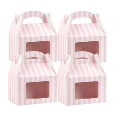 Imagem de Bio Tek Caixas de empena de 15 x 8,5 x 16,5 cm para lembrancinhas de festa, 100 caixas de presente duráveis - padrão listrado, caixas de celeiro de papel rosa e branco, janela PET transparente, com
