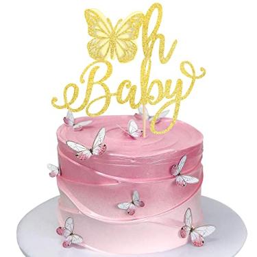 Imagem de Rsstarxi Embalagem com 1 Topper de bolo Butterfly Oh Baby Cake Topper dourado Glitter Chá de Bebê Borboleta Decoração para Revelação de Gênero Chá de Bebê Infantil Infantil e Festa de Aniversário