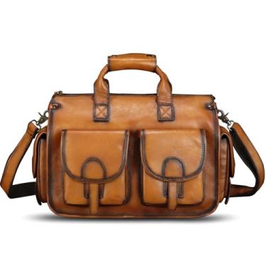 Imagem de Bolsa mensageiro de couro genuíno e maleta masculina de couro verdadeiro, bolsa de ombro com alça superior para alça de laptop, Marrom