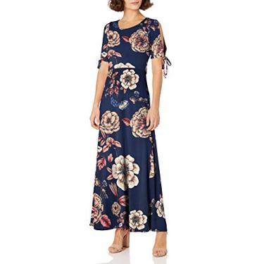 Imagem de Star Vixen Vestido longo feminino Petite manga curta/fenda nas costas com costura skater, Azul-marinho floral, G