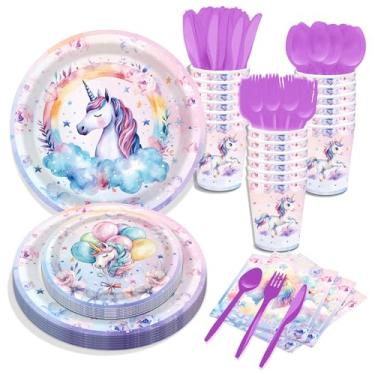 Imagem de Kit de utensílios de mesa para festa de aniversário de unicórnio, incluindo balões de unicórnio, pratos e guardanapos de festa, pratos de papel de unicórnio, copos e garfos para festas temáticas de