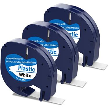 Imagem de HOCALORT Refil de fita de etiqueta compatível com DYMO LetraTag refil 91331 S0721660 preto sobre branco plástico para Dymo LetraTag LT100H LT100T QX50,1/2 polegadas x 13 pés (12 mm x 4 m)-3 unidades