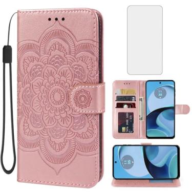 Imagem de Bohefo Capa para Moto G14, Motorola G14 XT2341-2 Capa carteira com protetor de tela de vidro temperado, capa flip de couro mandala com suporte para cartão de crédito para Motorola Moto G14 ouro rosa
