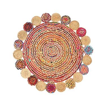 Imagem de RIANGI Tapetes trançados tapete de pano - tapete redondo 1,2 m (pés redondos) tapete de vime tapete legal - tecido à mão reversível algodão reciclado natural tapete multicolorido tapete redondo de juta tapete decorativo - tapetes coloridos para quarto