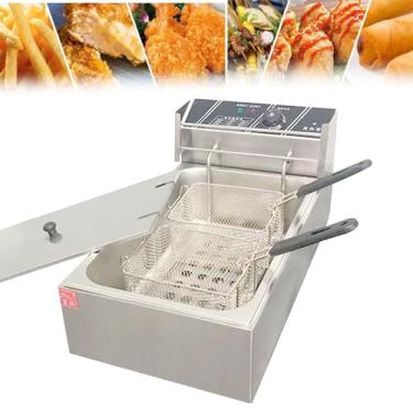 Imagem de Fritadeira comercial com cesto, fritadeira de aço inoxidável com temperatura ajustável para uso doméstico em restaurantes, máquina de fritura de cozinha de bancada, perfeita para frango frito