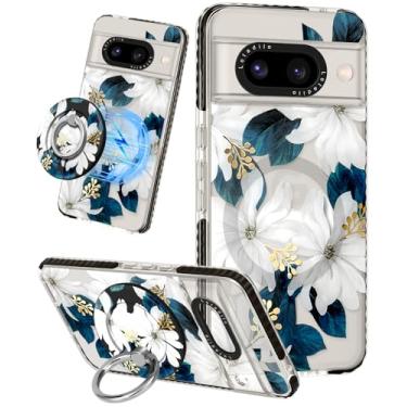 Imagem de Lotadilo Capa fofa para Google Pixel 8A – Compatível com suporte magnético Magsafe para mulheres meninas e meninas engraçadas moda bonita TPU capa de telefone design flor azul