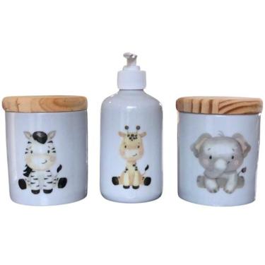 Imagem de Kit Higiene Bebê 3 peças Safari Porta álcool e potes - Porcelana Tampa