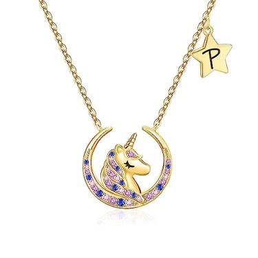 Imagem de XINIYUGGR Unicórnios presentes para meninas, crianças, ouro 16 quilates, banhado a ouro branco, colorido, lua, estrelas, pingente, unicórnio para meninas, joias com inicial de unicórnio, colar de