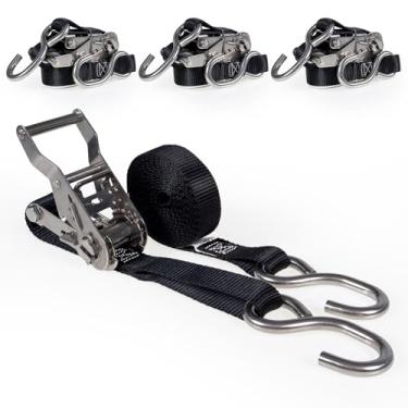 Imagem de US Cargo Control - Alça de catraca de aço inoxidável - 3,5 cm de largura x 2,5 m de comprimento - Tira de amarração preta - Catraca de aço inoxidável - Tiras de fixação confiáveis para garantir a carga - Pacote com 4