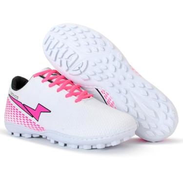 Imagem de Chuteira Society Cronos Masculino Feminino Futebol Grama Sintética Adulto Solado Costurado (Branco/Rosa, BR, Adulto, Numérico, 43)