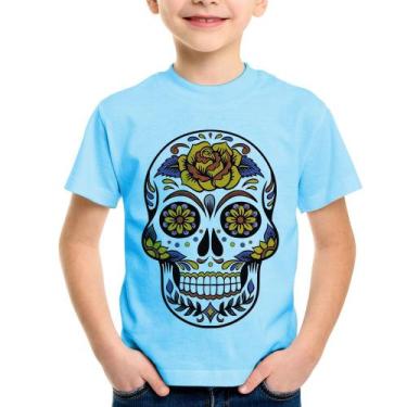 Imagem de Camiseta Infantil Caveira Mexicana - Foca na Moda, Azul bebê, 6