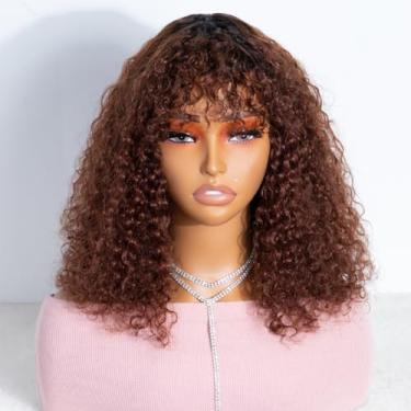 Imagem de JOEDIR HAIR Peruca Curta Cacheada Com Franja Ombré Marrom 14 Polegadas Onda De Água Bob Peruca Cabelo Humano Para Mulheres Negras 150% Densidade Peruca Sem Cola (Cor: Tt1B/33)