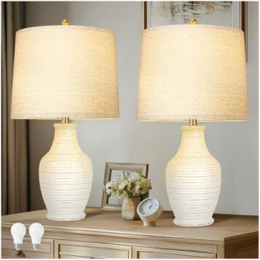 Imagem de Scenekoy Conjunto De 2 Abajures De Mesa De Cerâmica Lavada Branca De 23" Com Lâmpada Regulável De 3 Vias, Interruptor Giratório, Lâmpadas Para Sala De Estar, Abajur De Cabeceira Com Abajur De Linho,