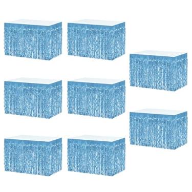 Imagem de MZJU Saias de mesa 8P onduladas metálicas com franjas para mesas retangulares, cortinas de guirlanda, para desfile, boias, casamentos, festas de aniversário, Halloween, Natal (azul claro)