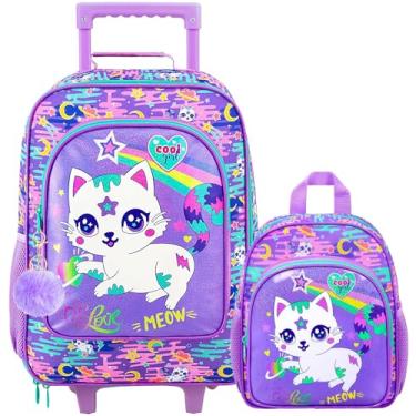 Imagem de 2 peças de bagagem para meninas e meninos, mala de mão de unicórnio para crianças, malas de dinossauro com conjunto de mochila infantil de 30,5 cm, Gato roxo, One Size