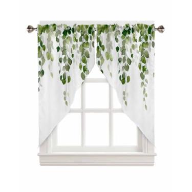 Imagem de Cortinas de cozinha de folhas de eucalipto verde sálvia folhas de eucalipto folhas verdes conjunto de saia de janela aquarela, bolso de haste, cortinas botânicas de mola para quarto, sala de estar,