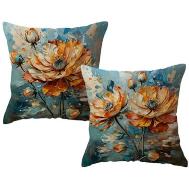 Imagem de Pacote com 2 capas de almofada decorativas com estampa de papoula laranja moderna, pintura a óleo, lindas fronhas florais, 45,7 x 45,7 cm, decorações de primavera e verão (laranja/azul)