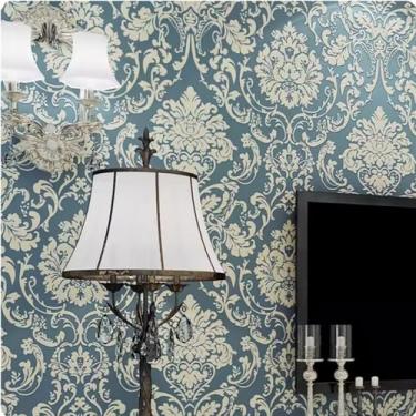 Imagem de Q QIHANG Papel de parede europeu Damasco não tecido flocagem 3D luxo sala de estar TV fundo papel de parede quarto papel de parede papel de parede não tecido papel de parede não colado 1,73' L x 82,8'