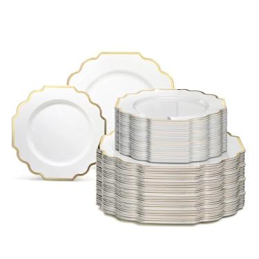 Imagem de "Ocasiões" Pacote com 120 pratos, (60 convidados) Conjunto de pratos de plástico descartáveis para festa de casamento pesado - jantar de 152 x 26 cm + prato de salada/sobremesa de 152 x 20 cm (branco