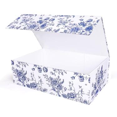 Imagem de Whaline 3 peças caixa de presente de flora azul com fecho magnético estampa de flores caixa de presente para casamento, chá de panela, festa de aniversário, lembrancinha de presente