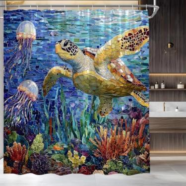 Imagem de AMFD Cortina de chuveiro de tartaruga marinha náutica de vidro manchado mundo subaquático água-viva costeira coral tropical vida marinha conjunto de tecido decorativo inclui ganchos, (177,8 cm x 170