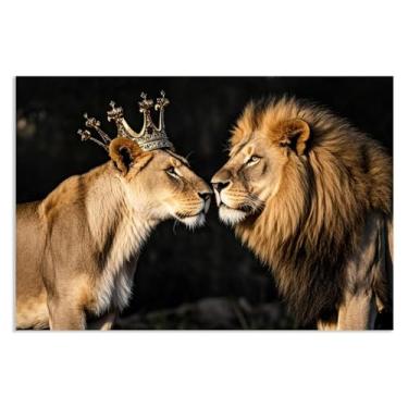 Imagem de SDYJ6GSW Conjunto de arte de parede em tela leão e leoa preto e branco com coroa dourada rei imagem de animal arte para decoração de quarto 45 x 30 cm (18 x 12 pol) pôster
