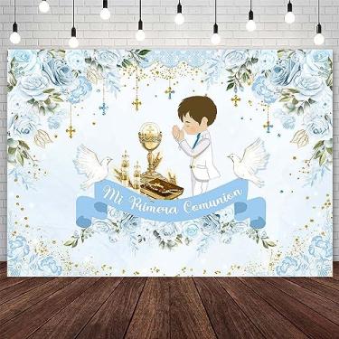 Imagem de AIBIIN Fundo de 3 x 2 m Mi Primera Comunion para meninos, batismo, primeira comunhão, decoração de festa de chá de bebê, azul, floral, batizado, God Bless, cálice, pombas, chá de bebê, fundo