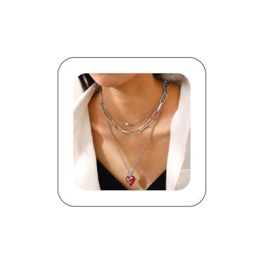 Imagem de Allereyae Colar punk em camadas de coração e flor de cristal vermelho colar com pingente de coração de rubi dourado colar de clipe de papel, colar gargantilha, colar de coração floral rosa, joias para