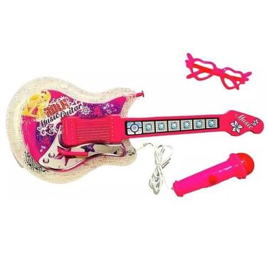 Imagem de Guitarra De Brinquedo Rosa Com Som e Luz  + Microfone e Óculos Girls R