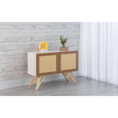 Imagem de Balcão Buffet Mdf Branco Pés Taeda 2 Portas Freijó E Palhinha Retrô Fr