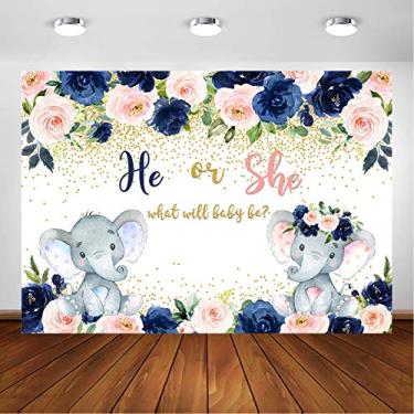 Imagem de Avezano Elefante marinho e blush fundo revelador de gênero ele ou ela azul marinho rosa floral elefante revelar fotografia fundo gravidez revelar surpresa decoração de festa menino ou menina (2,4 x