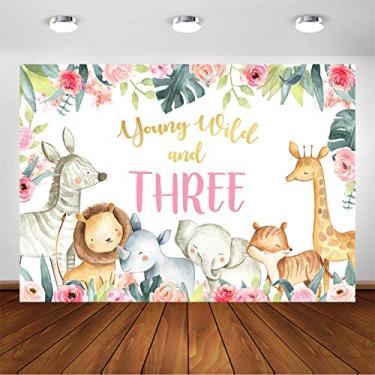 Imagem de Avezano Cenário de festa de aniversário jovem selvagem e três anos para meninas animais selva fundo fotografia de 3º aniversário selva safári rosa floral jovem selvagem e decoração de três festas (2,1 x 1,5 m)