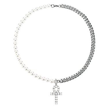 Imagem de Colar de pérolas masculino meia corrente de meia pérola 8 mm com base em ouro branco 18K corrente cubana de aço inoxidável com pingente de cruz Ankh colar minimalista hip hop, Pearl & Cuban Necklace