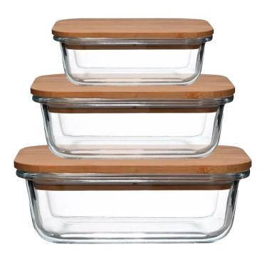 Imagem de Jogo com 3 Potes Hermético Retangular com Tampa Bambu em Vidro