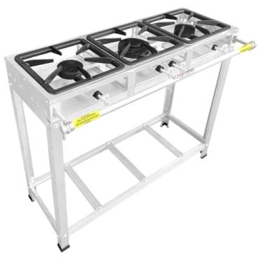 Imagem de Fogão Industrial 3 Bocas, Baixa Pressão, Inox, Queimadores Duplo, Duas Chamas